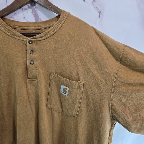 Carhartt T Shirt Mens Large Brown Pocket Henley Short Sleeve Button Tan Tee - Picture 12 of 13